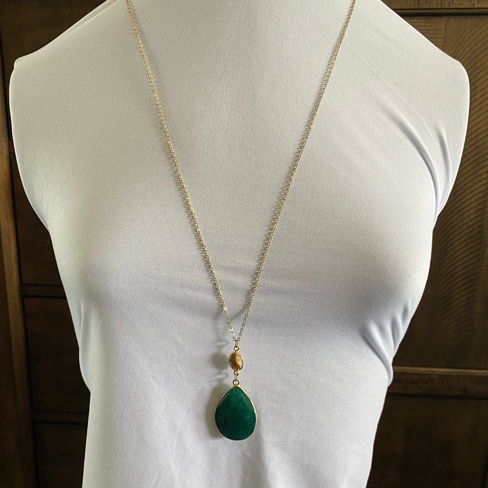 Long Gold Necklace with Large Green Stone and Small Cream & Brown stone